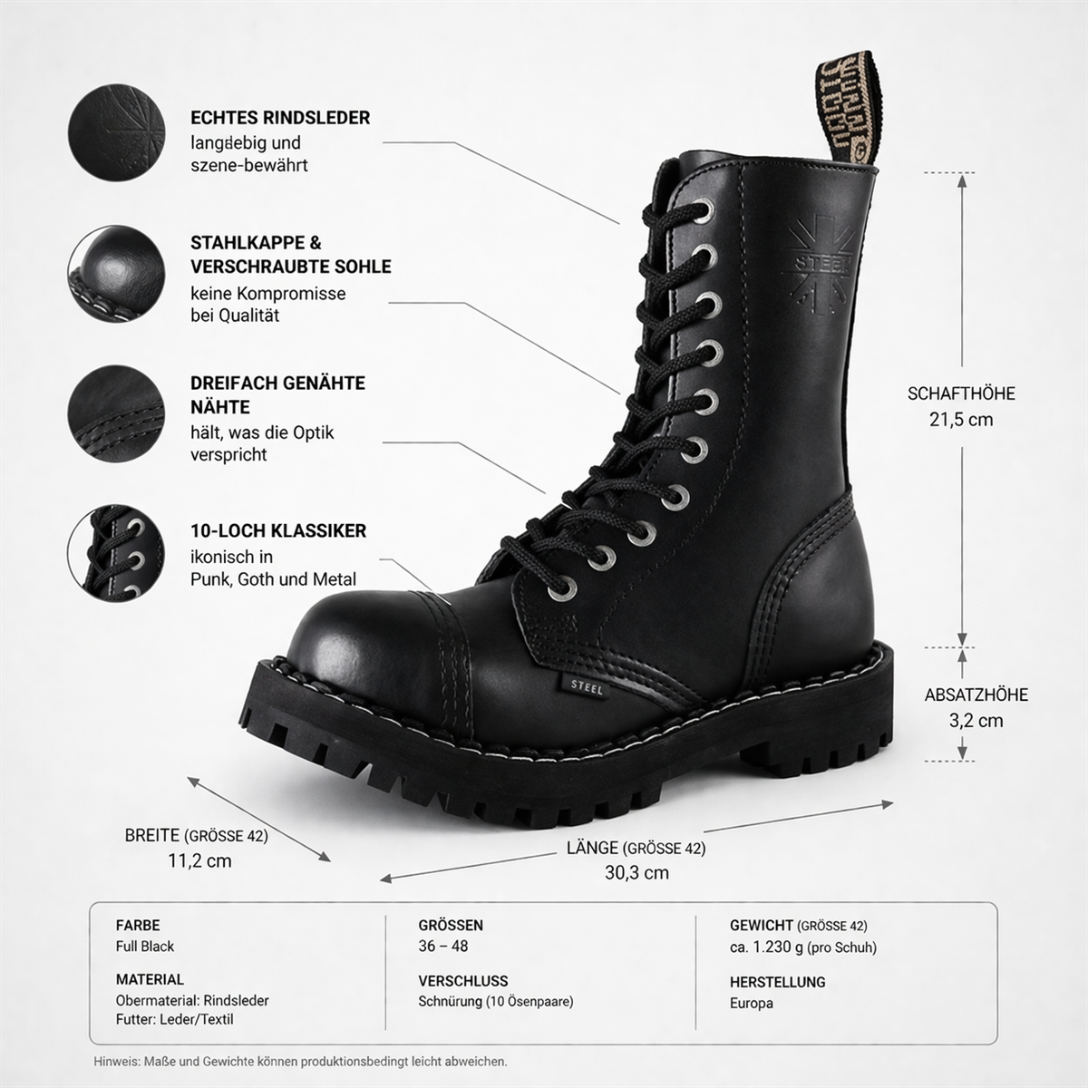 Steel Shoes & Boots - Full Black, 10-Loch Boots